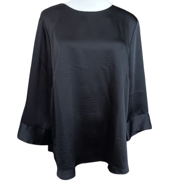 Universal Standard Black Satin Flowy Blouse Top XS=LG/10-12 Button‎ Back Hi Low - Picture 3 of 9